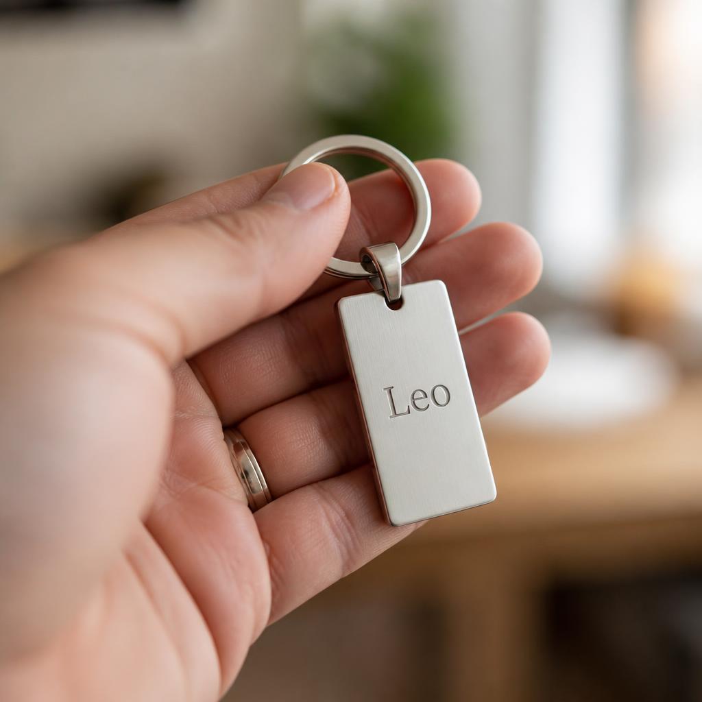 Hand holding a steel keychain engraved with the name Leo