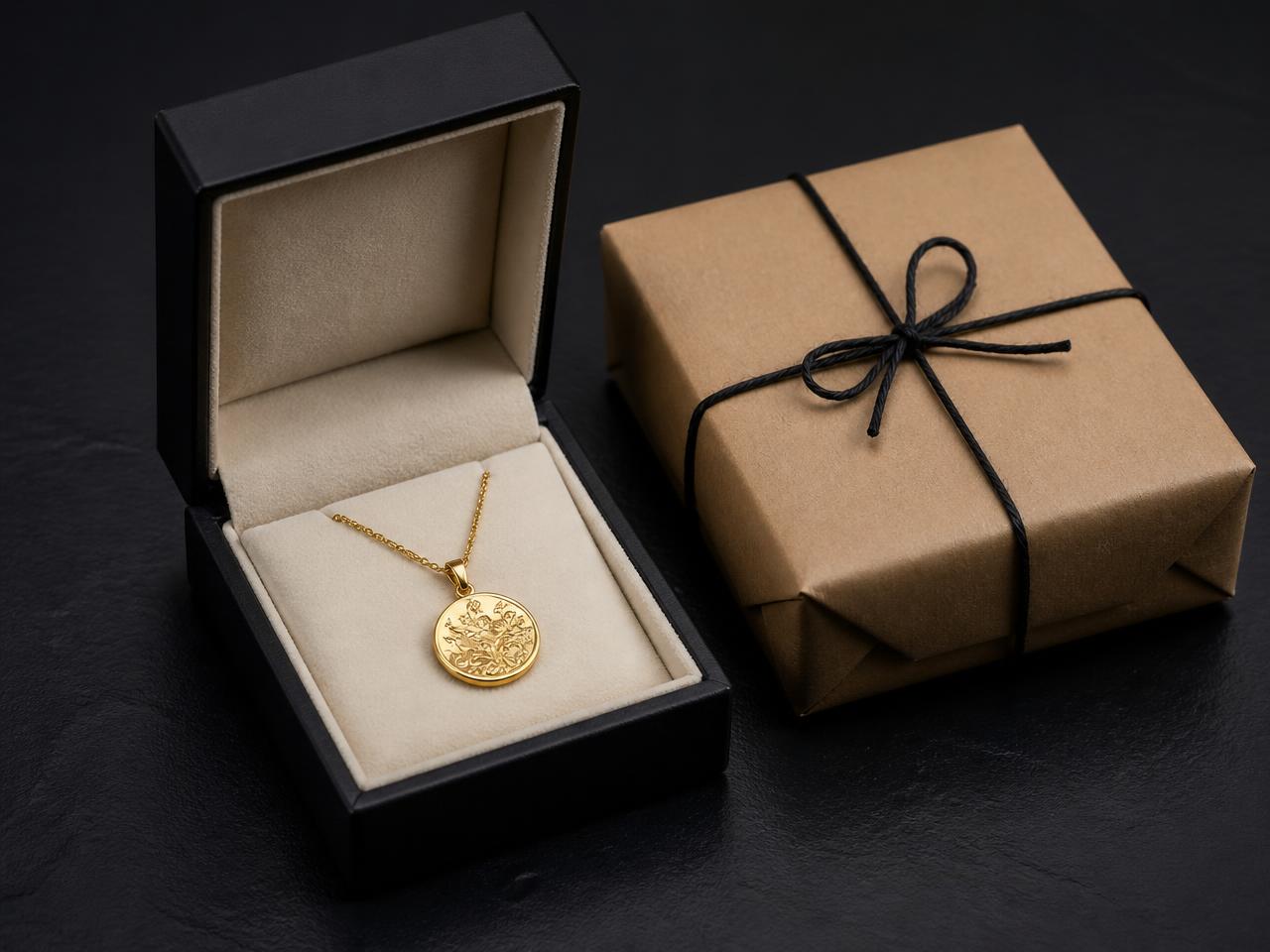 Personalised gold pendant in a gift box next to a wrapped parcel