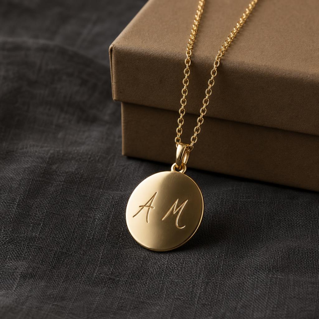Engraved gold pendant necklace with custom initials