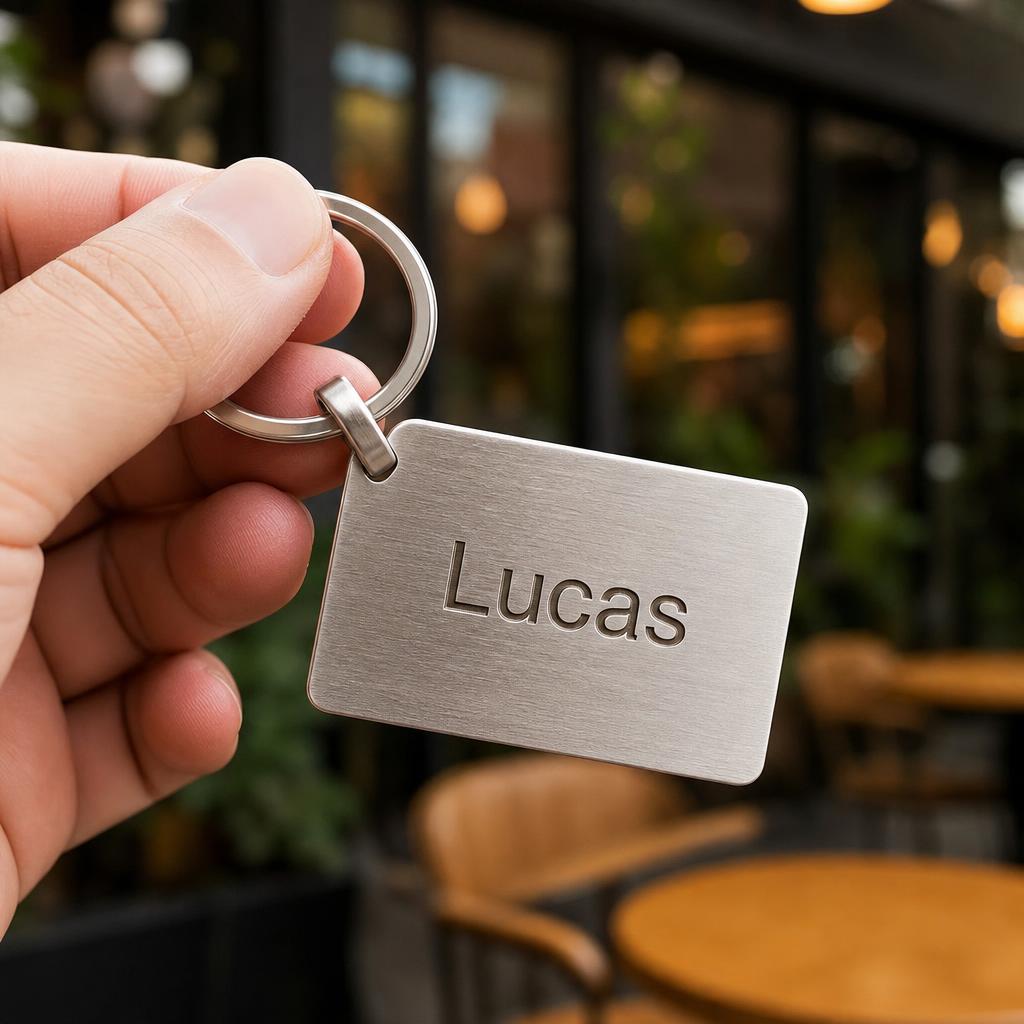 Personalised engraved metal keychain held in a hand