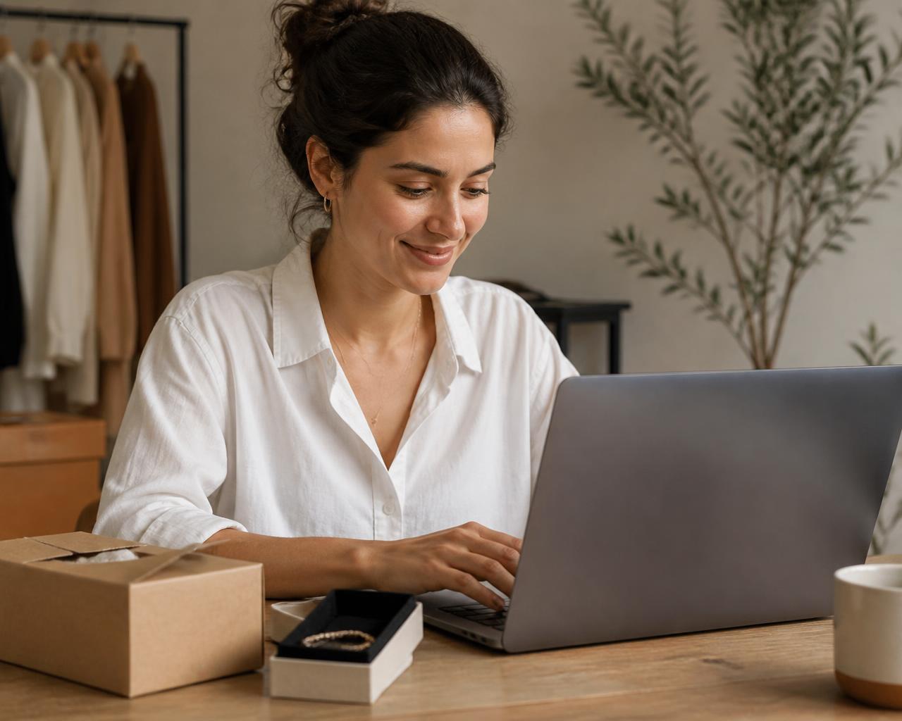 Seller working at a calm desk with a laptop, a jewellery gift box and a parcel